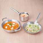 Thumbnail for The Indus Valley TurboCuk Tri-ply Stainless Steel Cookware Set: 2.2L Kadai+ 1.4L Frypan+  1.2L Tea/Milk pan, Premium Quality, 3 Layer Thick Body, 100% Toxin-free, Non-stick, Induction & Gas