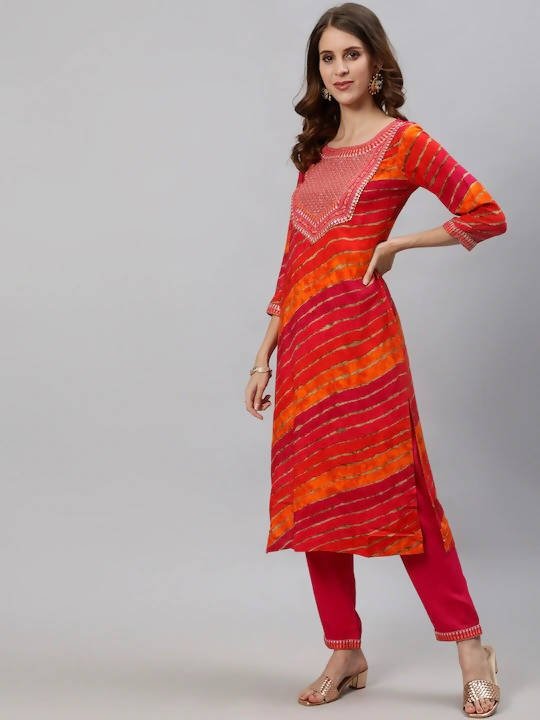 Anubhutee Pink Leheriya Yoke Design Regular Kurta with Trousers - Distacart