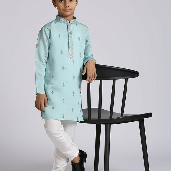 Joban Fashion Kids Island Ethnic Wear with Silk Sequence Embroidery Kurta and Pyjama Set - Teal Blue - Distacart