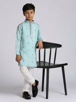Thumbnail for Joban Fashion Kids Island Ethnic Wear with Silk Sequence Embroidery Kurta and Pyjama Set - Teal Blue - Distacart