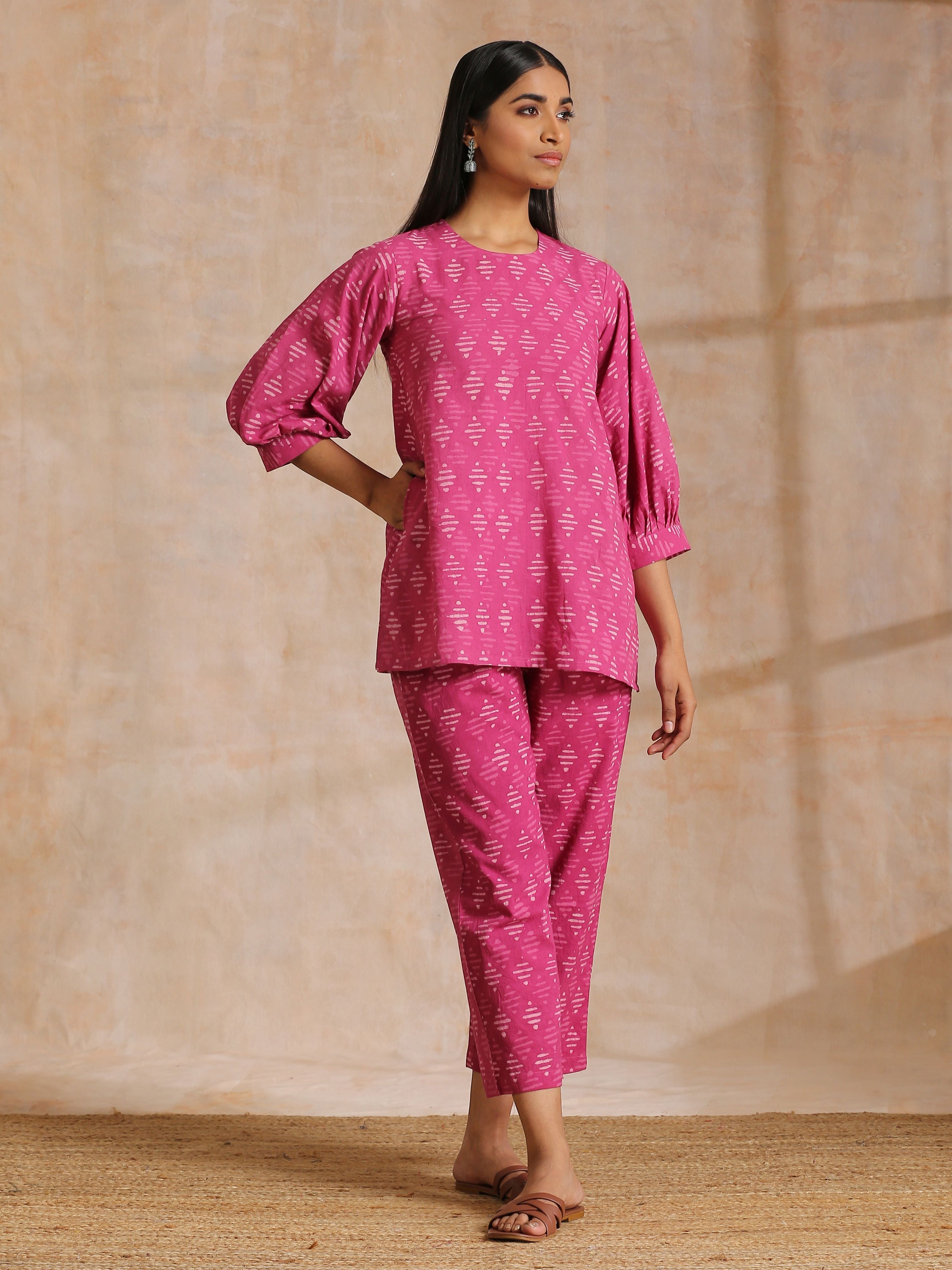 trueBrowns Pink Dabu Print Cotton Baggy Sleeve Co-Ord Set - Distacart