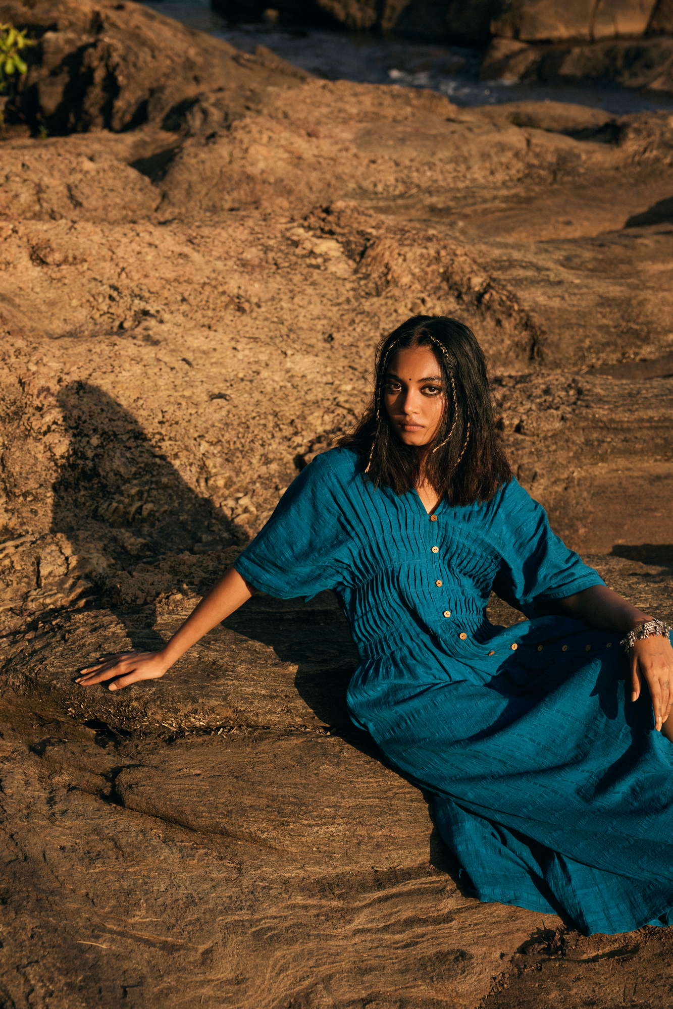 trueBrowns Blue Cotton Dobby Dress - Distacart