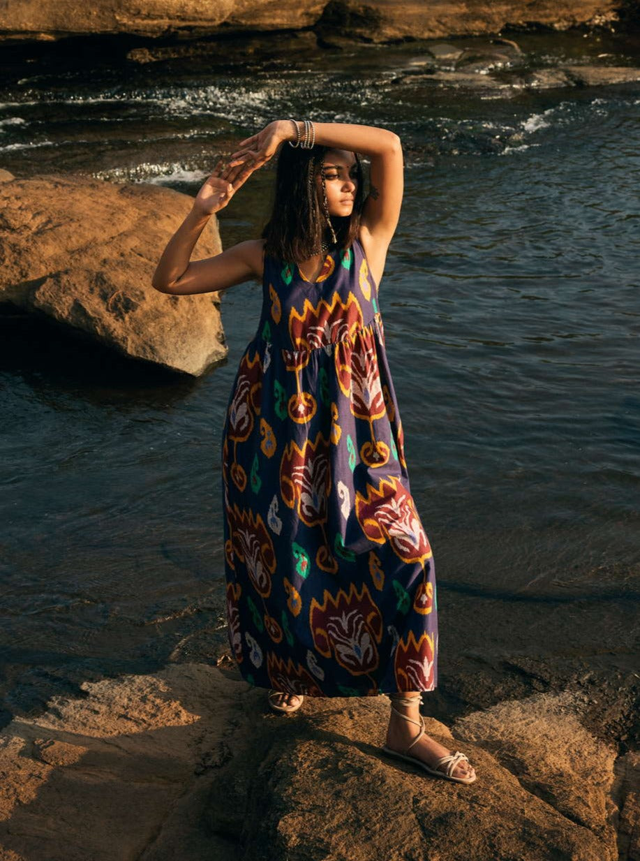 trueBrowns Purple Cotton Ikat Flared Dress - Distacart