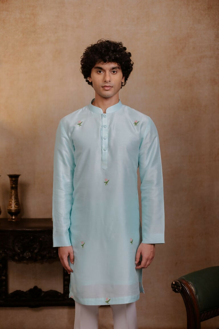 Falling Raw Silk Sea Green Vrindavan Lotus Kurta By Hilo Design - Distacart