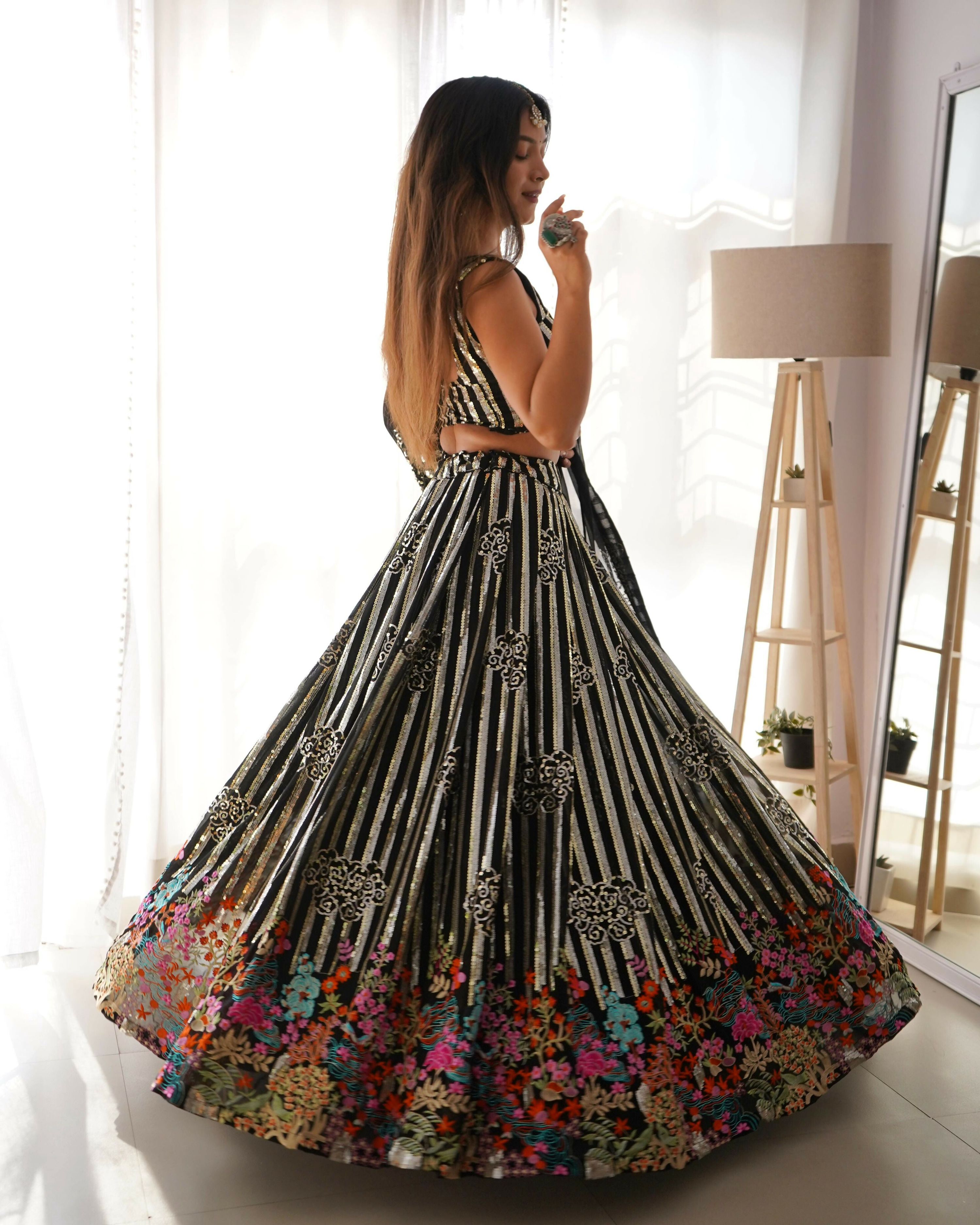 Joban Fashion Black Lehenga Georgette Coding Dori with Sequence with Rivet Moti