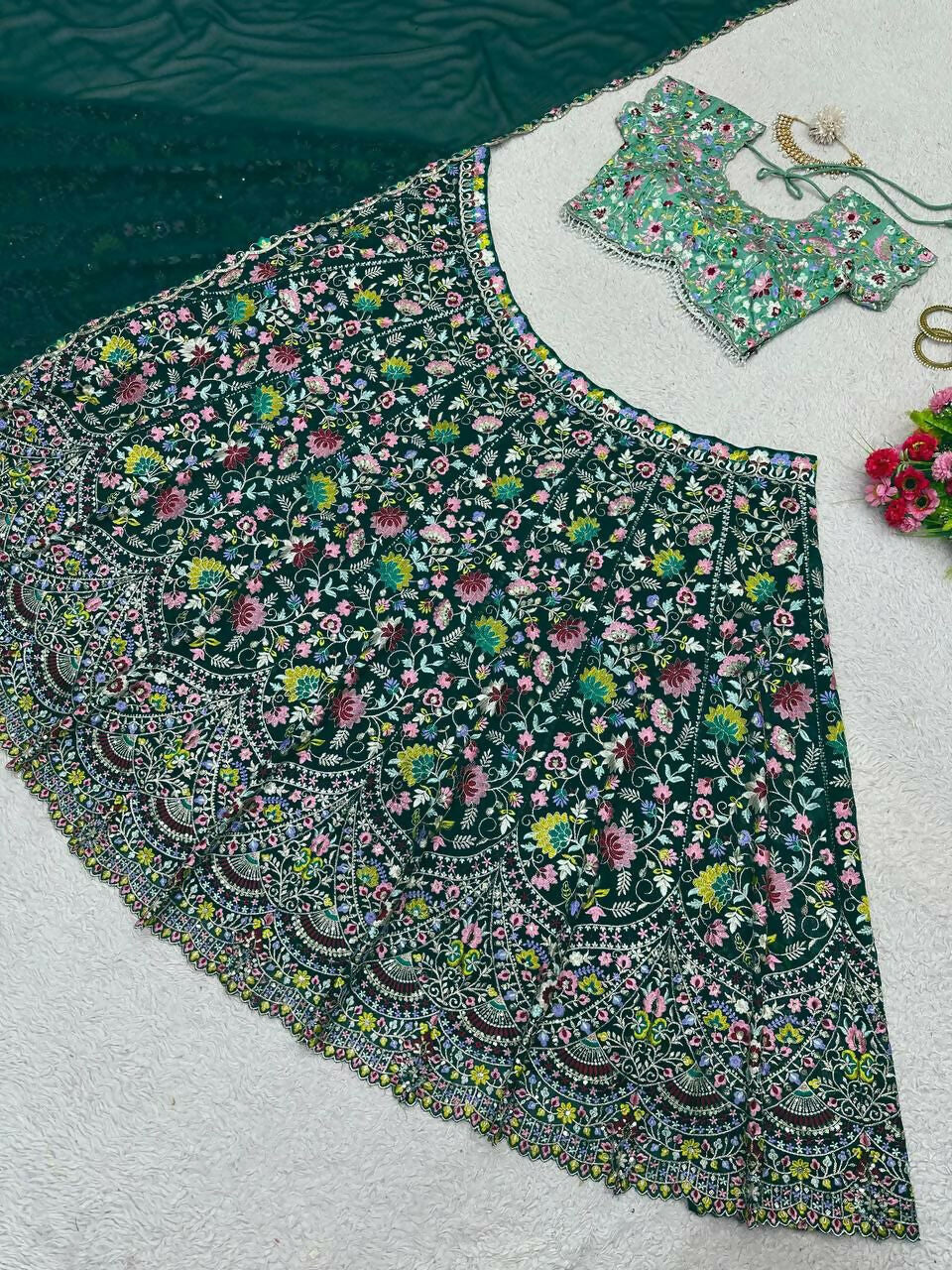 Jyoti Fashion Women's Bottle Green Faux Georgette Sequins with Thread Embroidered Designer Lehenga Choli Set - Distacart