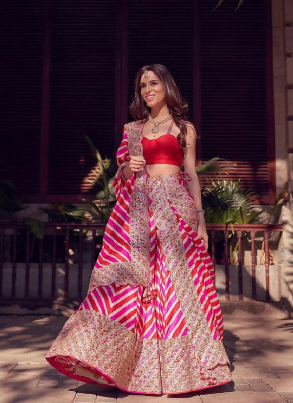 Jyoti Fashion Red & Pink Digital Print with Sequin Codding Embroidered Georgette Lehenga Choli with Dupatta - Distacart
