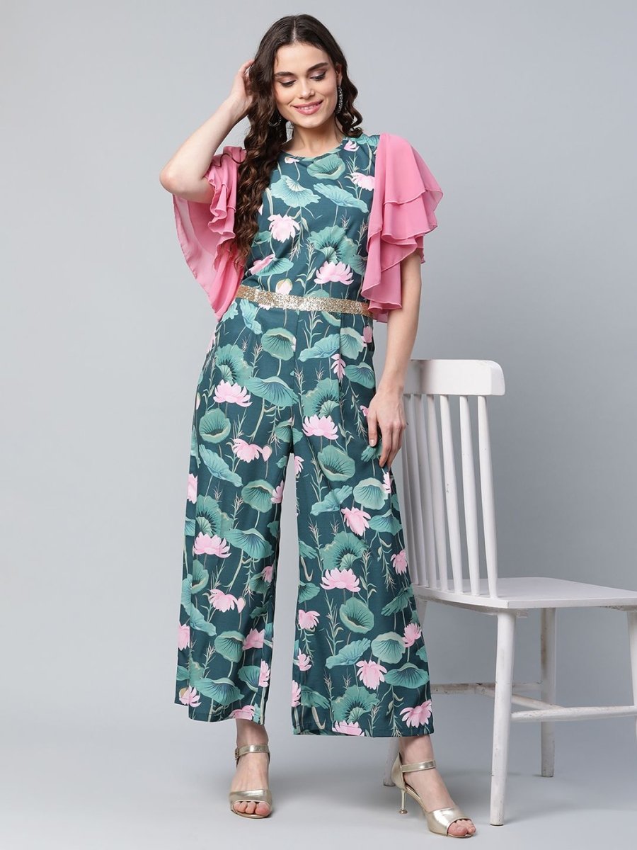 Ahalyaa Women's Dark Green Crepe Printed Jumpsuit