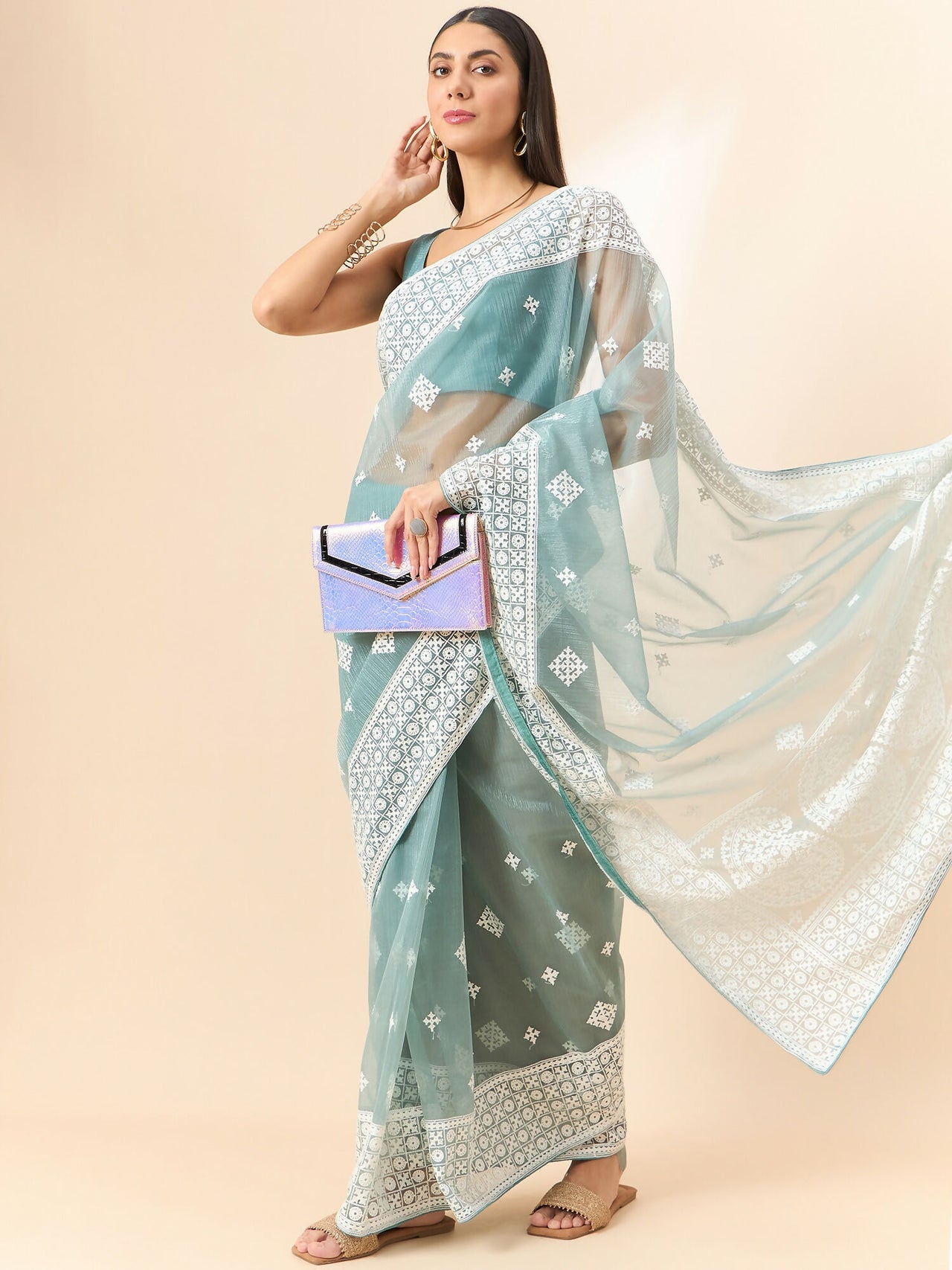 Blue Organza Geometric Embroidered Saree with Unstitched Blouse Piece - Roozal - Distacart