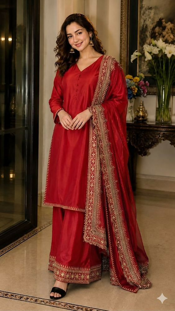 Teeya Creation New Latest Stylish Classic Red Festive Kurta Set with Gold Zari Border Palazzo and Dupatta - Dista