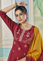 Thumbnail for Jyoti Fashion Women's Maroon Pure Viscose Weaving Stripe with Embroidery Kurta Set - Distacart