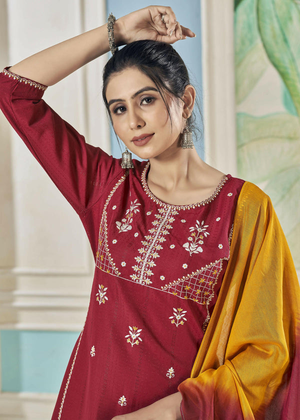 Jyoti Fashion Women's Maroon Pure Viscose Weaving Stripe with Embroidery Kurta Set - Distacart
