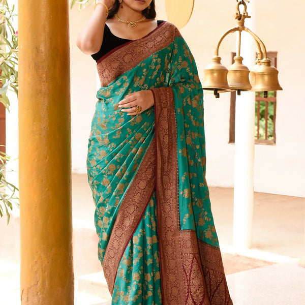 Joban Fashion Teal Green Crepe Chiffon Pure Handloom Banarasi Silk Saree