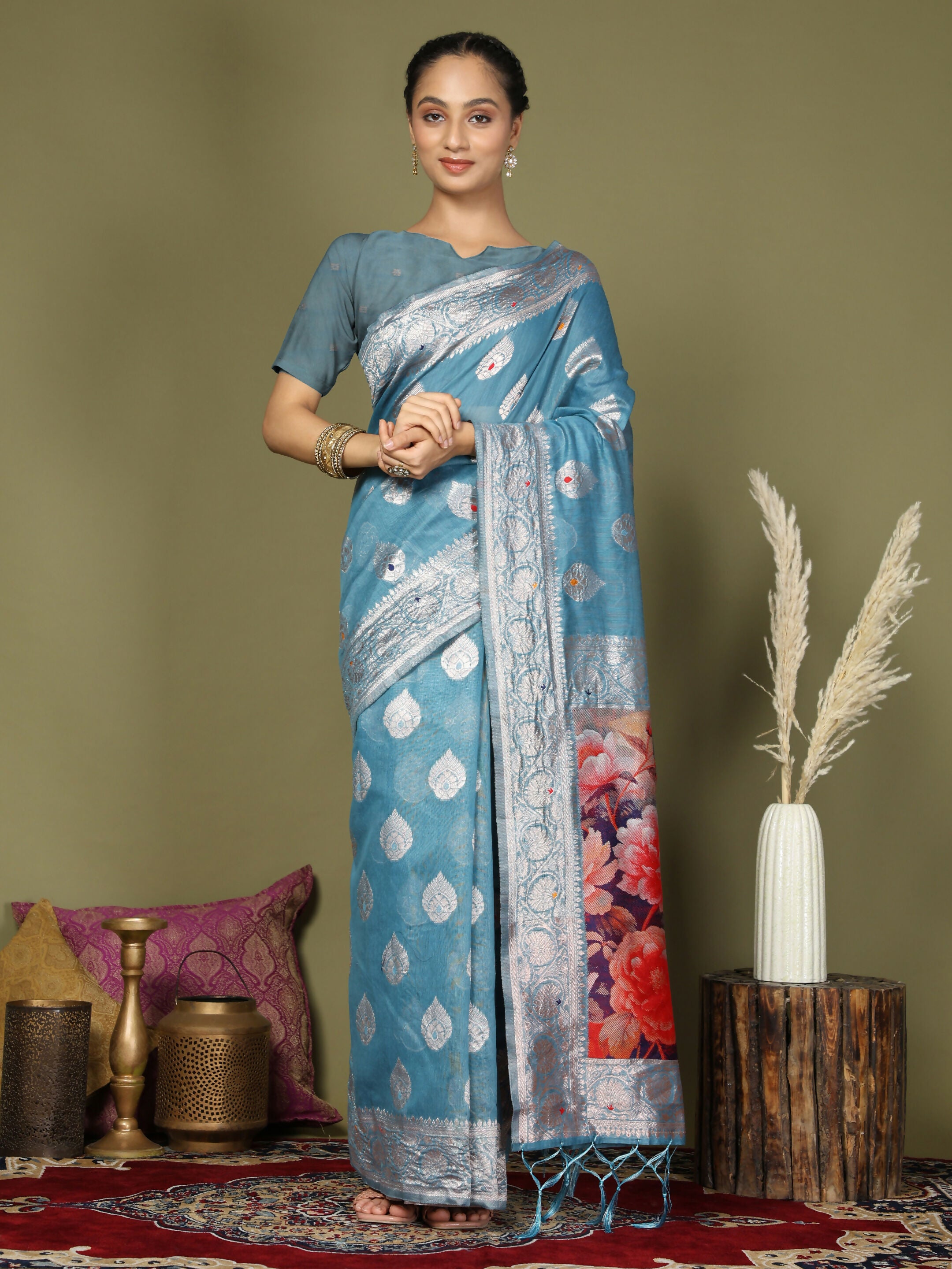 Astita Linen Cotton Sky Blue Saree