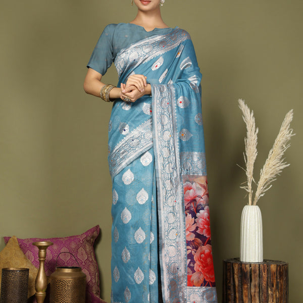 Astita Linen Cotton Sky Blue Saree