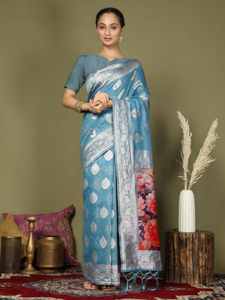 Astita Linen Cotton Sky Blue Saree