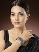Thumbnail for NVR Women's Silver-Toned German Silver Oxidised Kada Bangle - Distacart