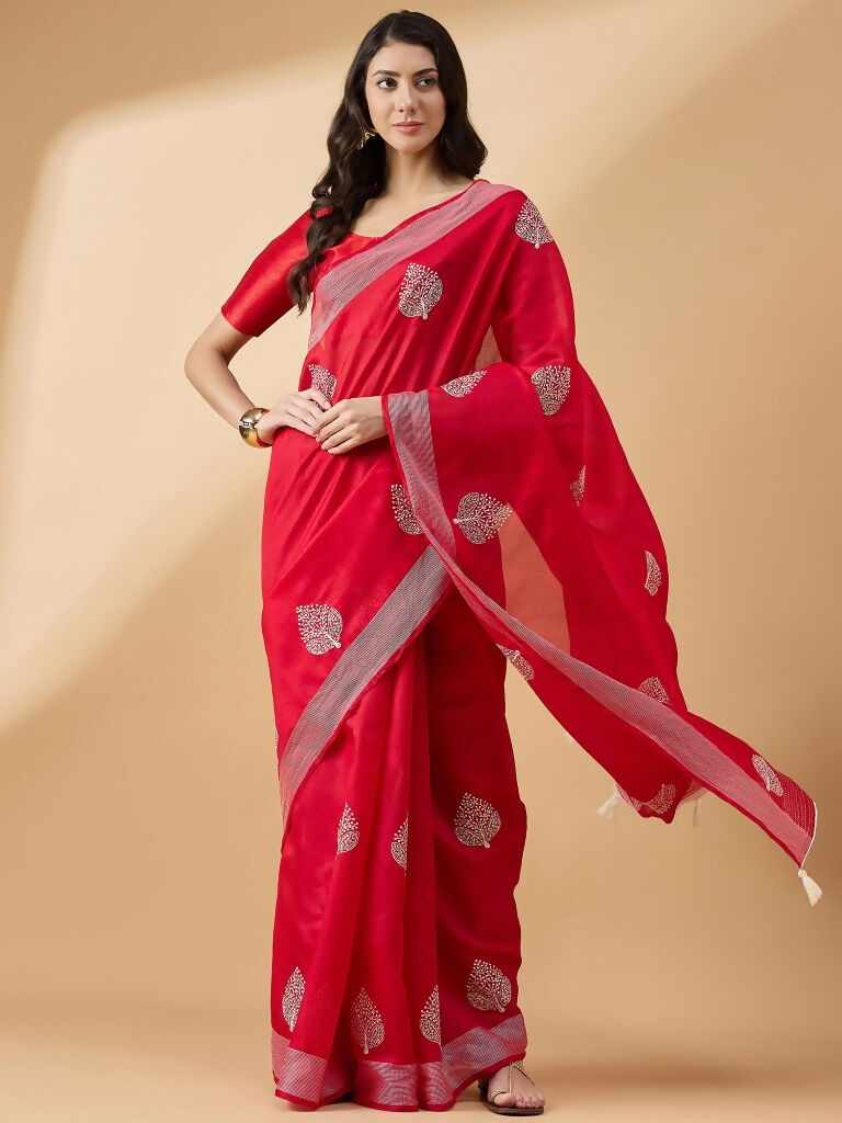Red Cotton Blend Thread Embroidered Saree with Unstitched Blouse - Satya - Distacart