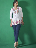 Thumbnail for Anouk White and Pink Floral Embroidered Thread Work Cotton A-Line Kurta