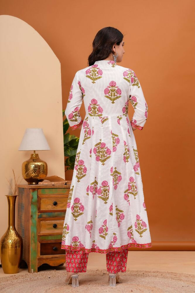 Jaimini Women Cotton Printed Mandarin Collar Neck Calf Length Flared Kurta Pant And Dupatta Set - Dista