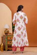 Thumbnail for Jaimini Women Cotton Printed Mandarin Collar Neck Calf Length Flared Kurta Pant And Dupatta Set - Dista