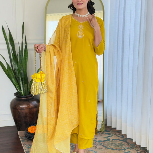 The52 Yellow Women's Beautiful Embroidered Rayon Fabric with Straight Kurta, Pant and Dupatta Set - Distacart