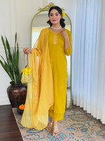 Thumbnail for The52 Yellow Women's Beautiful Embroidered Rayon Fabric with Straight Kurta, Pant and Dupatta Set - Distacart