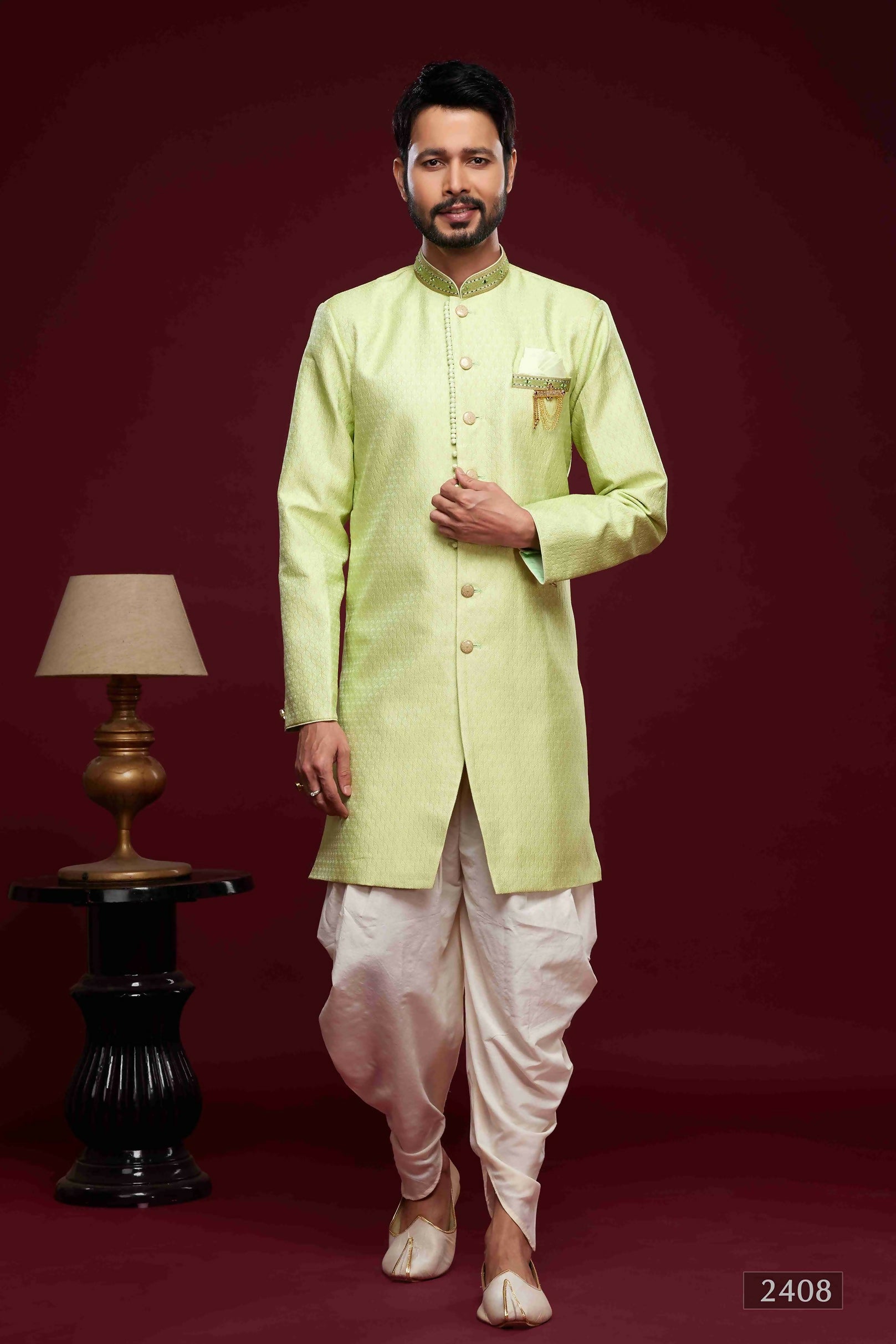 Raivat Ethnic Banarasi Jacquard Embroidery Semi Indo Western Sherwani In Pista Green Colour