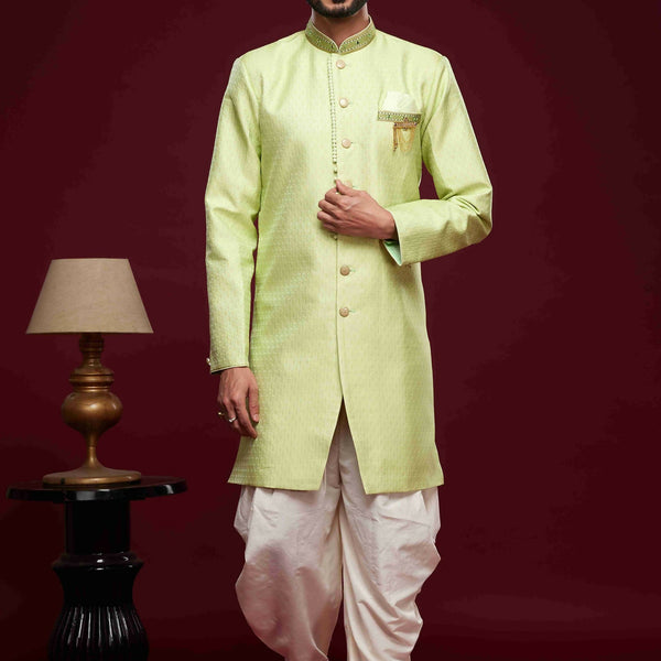 Raivat Ethnic Banarasi Jacquard Embroidery Semi Indo Western Sherwani In Pista Green Colour