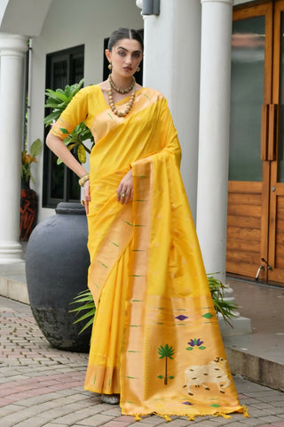 Vishnu Weaves Women's Yellow Paithani Silk Zari Woven Saree with Blouse