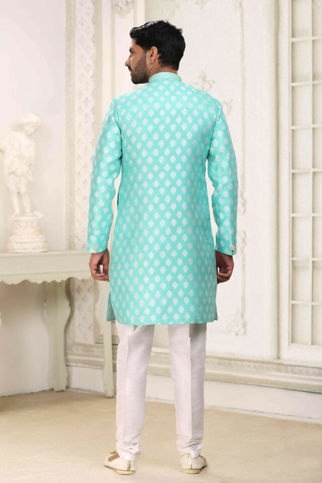 Raivat Ethnic Banarasi Jacquard Embroidery Semi Indo Western Sherwani In Green Colour