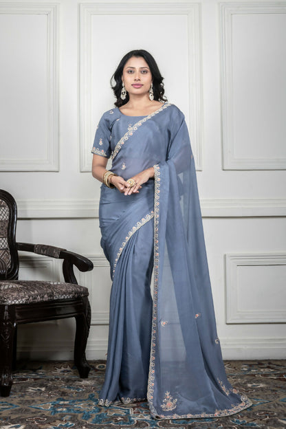 Morchari Grey Chiffon Hand Embroidery Saree And Stitched Blouse - Distacart