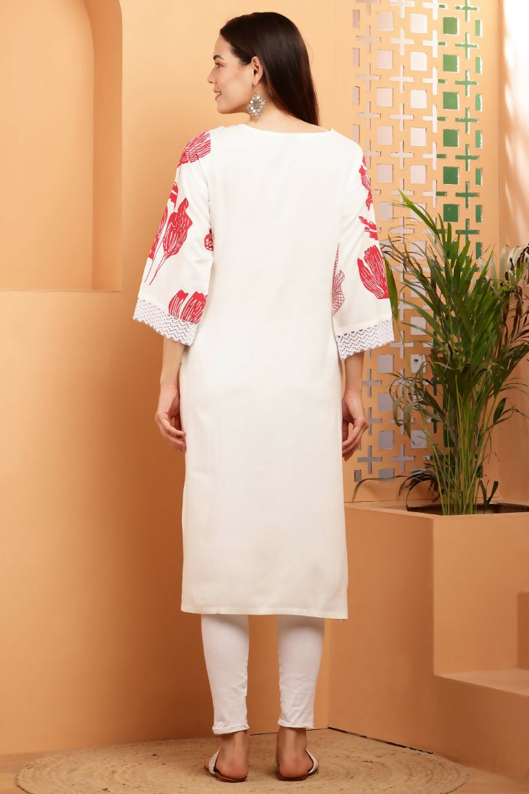 Cheera Women Stylish Hand Block Printed Cotton Blend Flared Kurta - Off White - Distacart