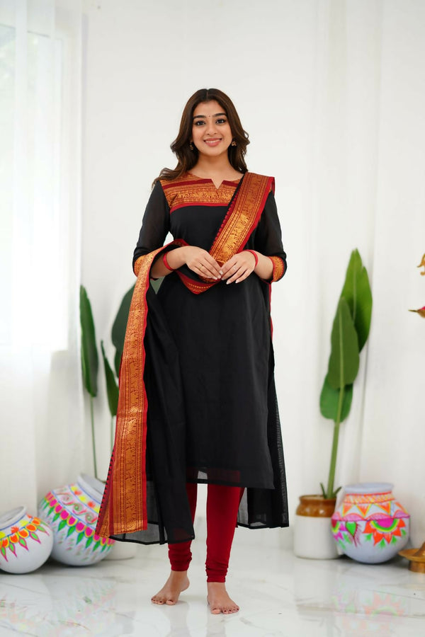 Divine Drape Women's Cotton Printed Straight Kurta With Dupatta - Black