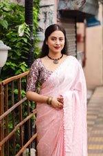 Thumbnail for Pink Poly Silk Ethnic Motifs Saree with Unstitched Blouse - A2M