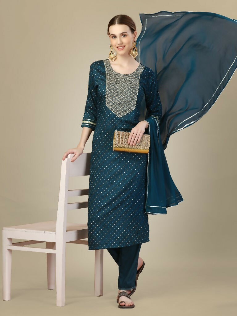 Jyoti Fashion Women's Morpich Silk Blend Embroidery & Sequence work Kurta with Trouser & Dupatta - Distacart