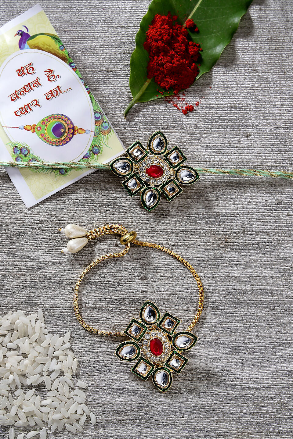 NVR Women & Men Set of 2 Gold Kundan-Studded Handcrafted Wraparound Rakhi Set With Roli Chawal & Chocolate - Distacart