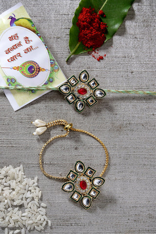 NVR Women & Men Set of 2 Gold Kundan-Studded Handcrafted Wraparound Rakhi Set With Roli Chawal & Chocolate - Distacart