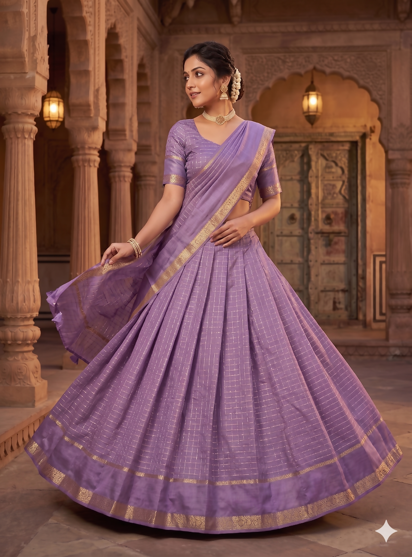 Teeya Creation New South Indian Silk Checked Half Saree Lehenga Choli with Zari Border-Lavender - Dista