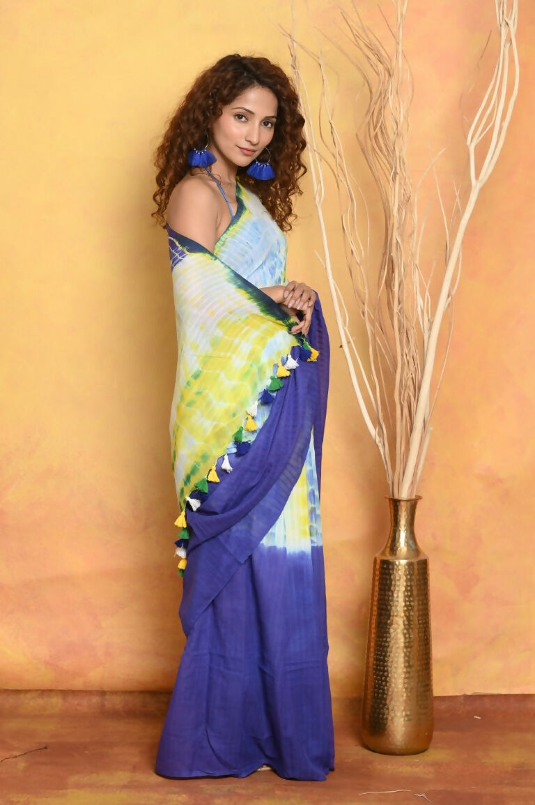 Very Much Indian Tie & Dye Handloom Mul Cotton Saree - Blue Green - Distacart