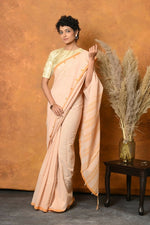 Thumbnail for Very Much Indian Handloom Pure Cotton Saree With Sleek Border - Light Peach - Distacart