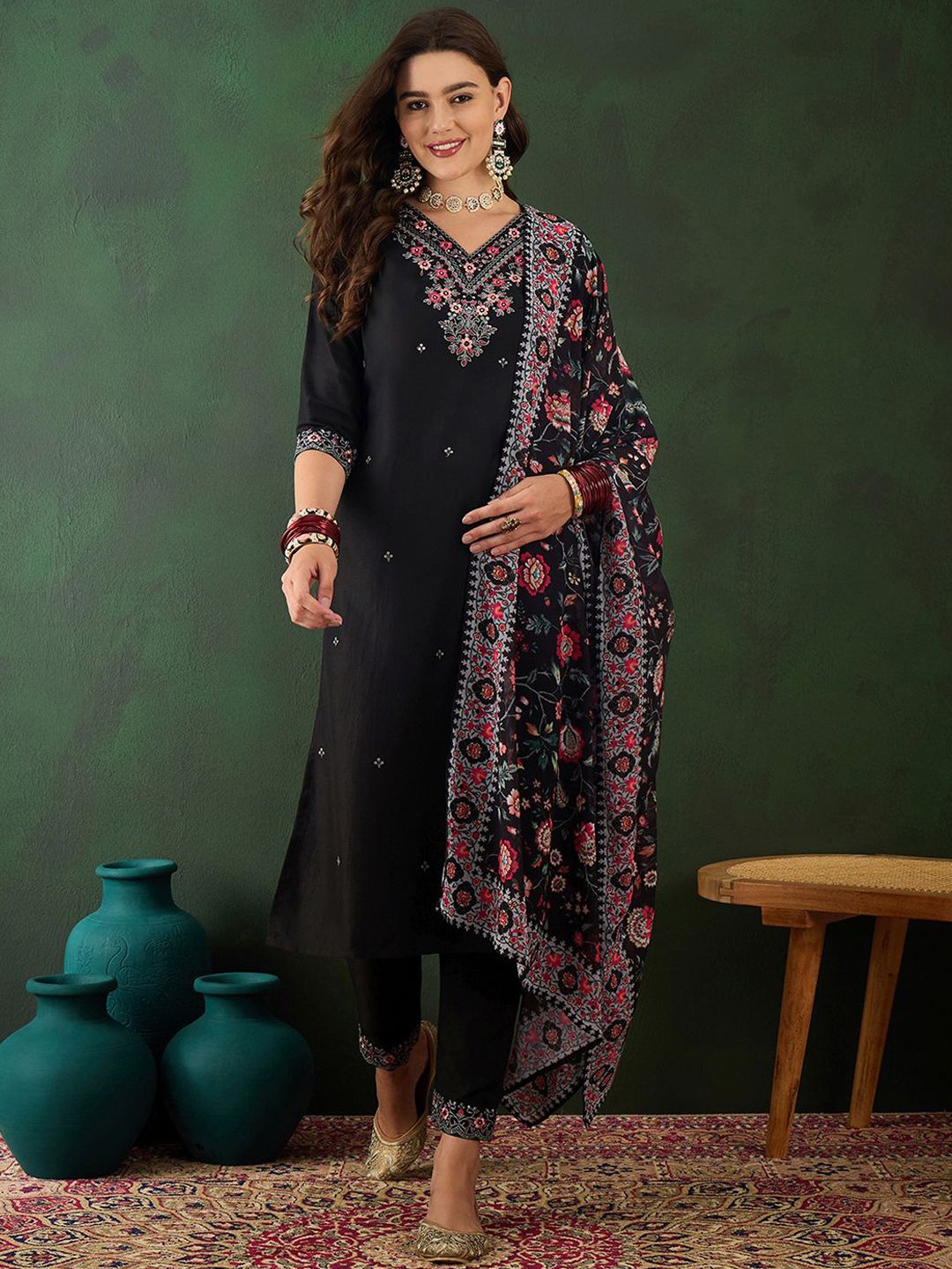 Sangria Floral Embroidered Sequinned Kurta with Trousers & Dupatta - Distacart