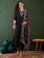 Thumbnail for Sangria Floral Embroidered Sequinned Kurta with Trousers & Dupatta - Distacart