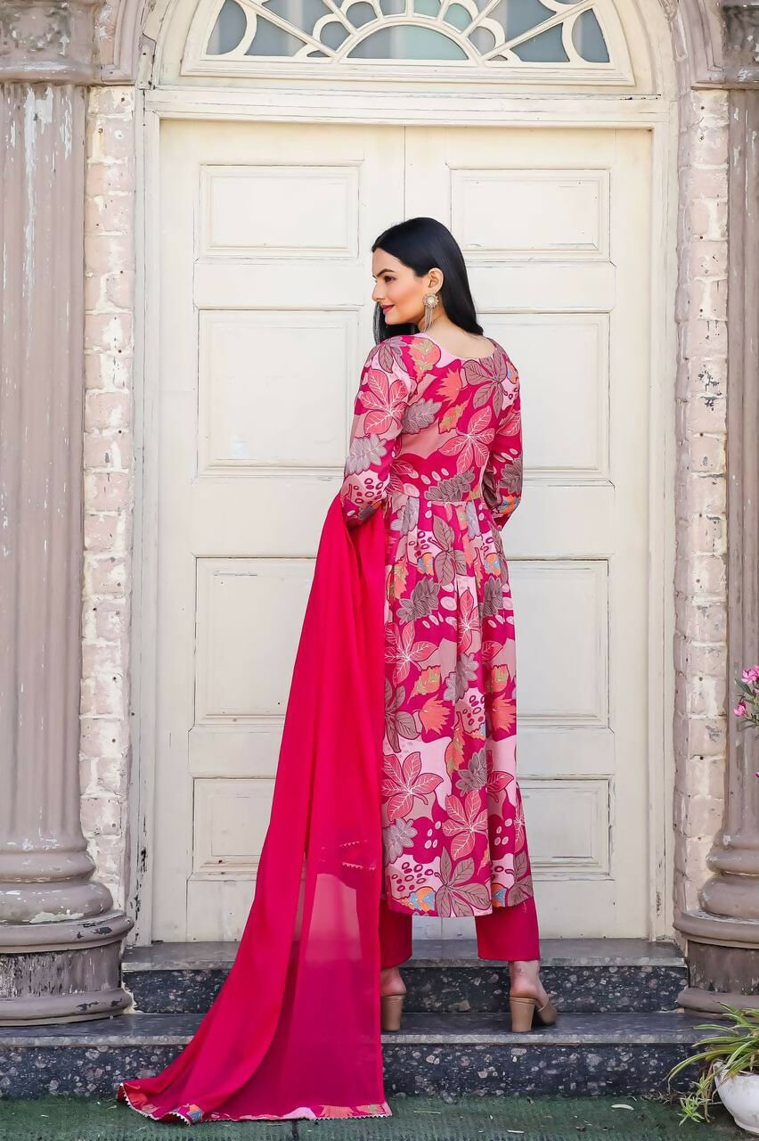Preksha Creation Cotton Print Women Gown And Full Lining With Pent And Nazneen Dupatta With Work Lace - Red - Distacart