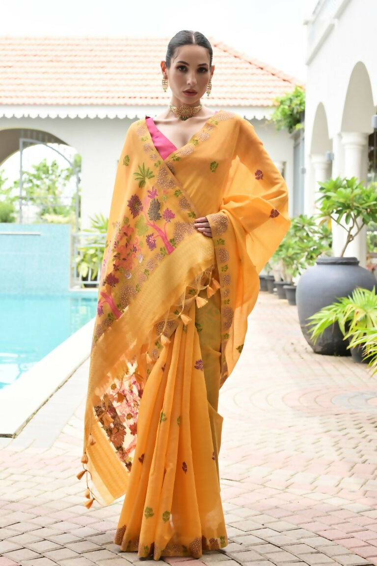 Vishnu Weaves Women's Yellow Muga Cotton Thread Weaving Saree with Blouse