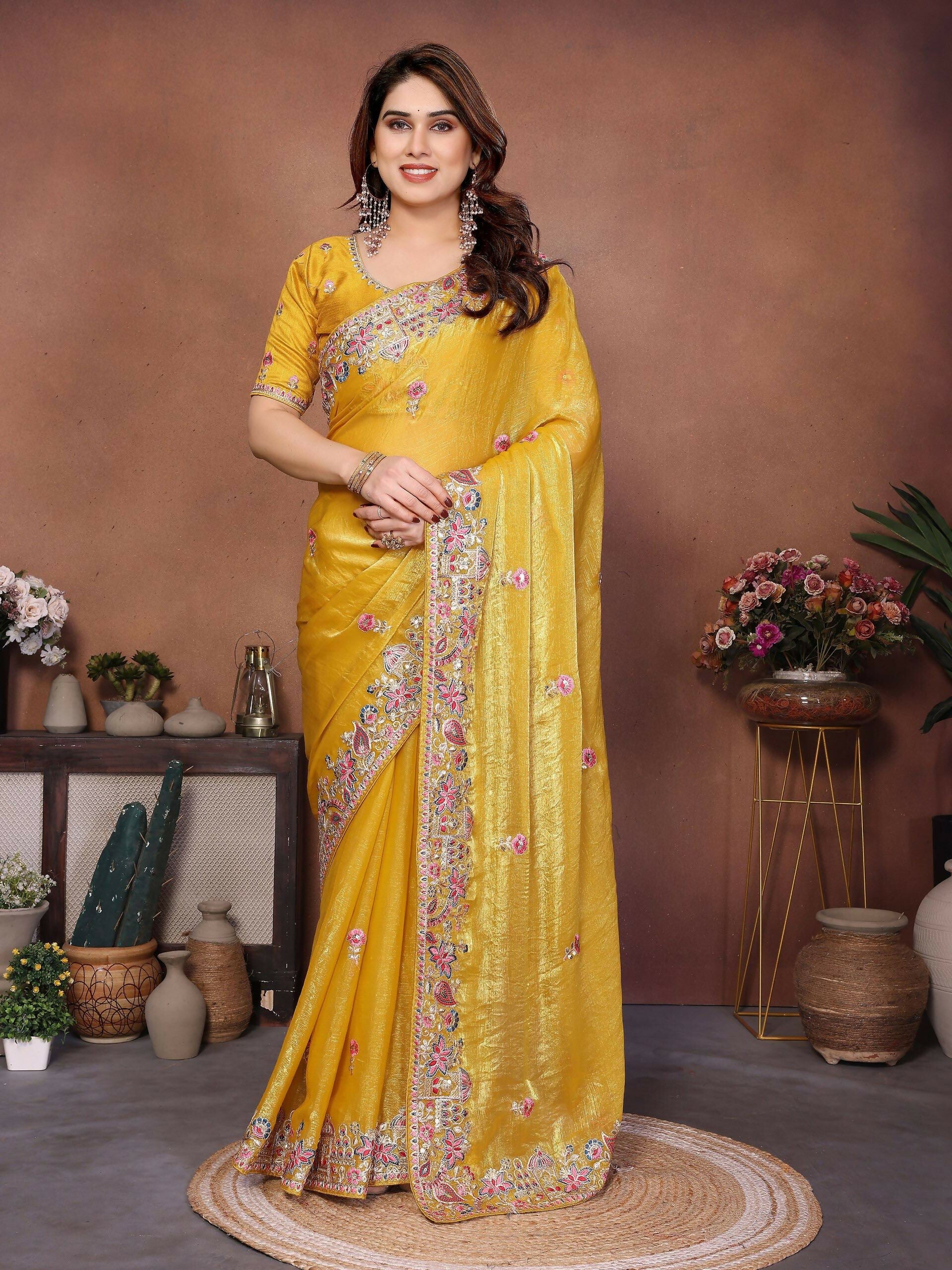 Teeya Creation New Womens Latest Party Wear Soft Chiffon Silk Saree-Yellow - Dista