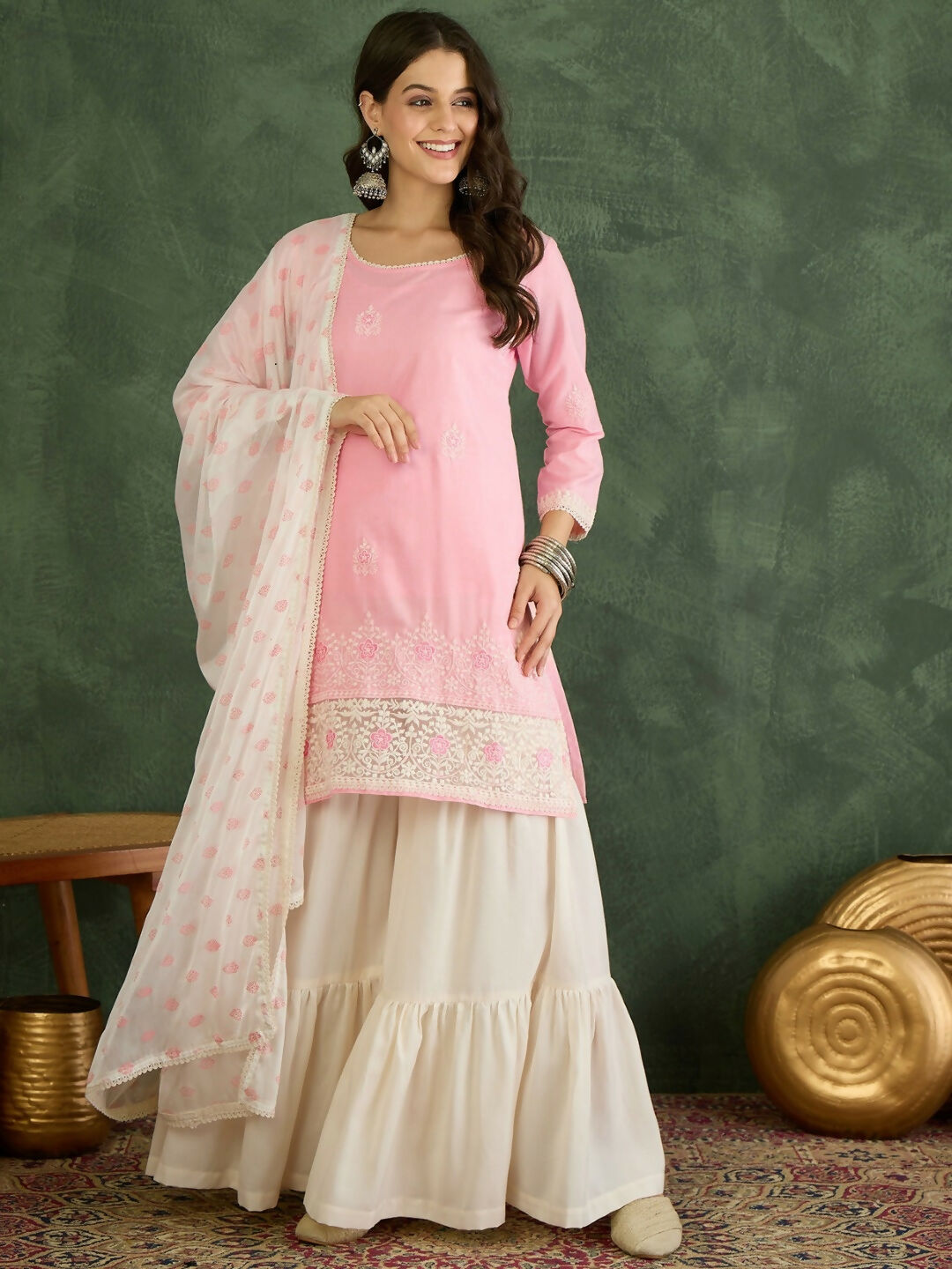 The52 Women's Gorgeous Embroidery Work Cotton Satin Fabric Straight Kurta Sharara and Dupatta Set-Peach - Dista