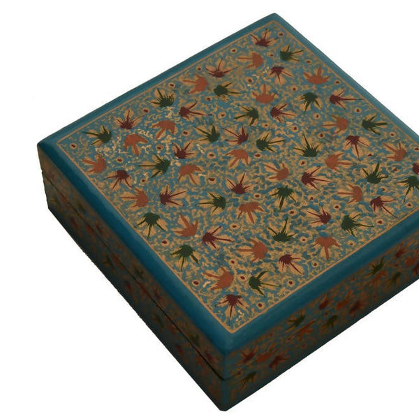 Nizalia Chinar Leaf Embossed Blue Paper Mache Square Coasters