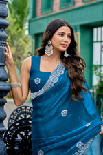 Thumbnail for Vastranavya Teal Embroidery Work Shimmer Chiffon Saree with Unstitched Blouse