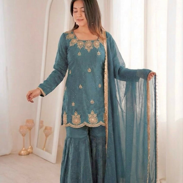 Teeya Creation Womens New Fancy Embroidery Sequence Work With Zarkan Diamond Work Kurta Set - Dista